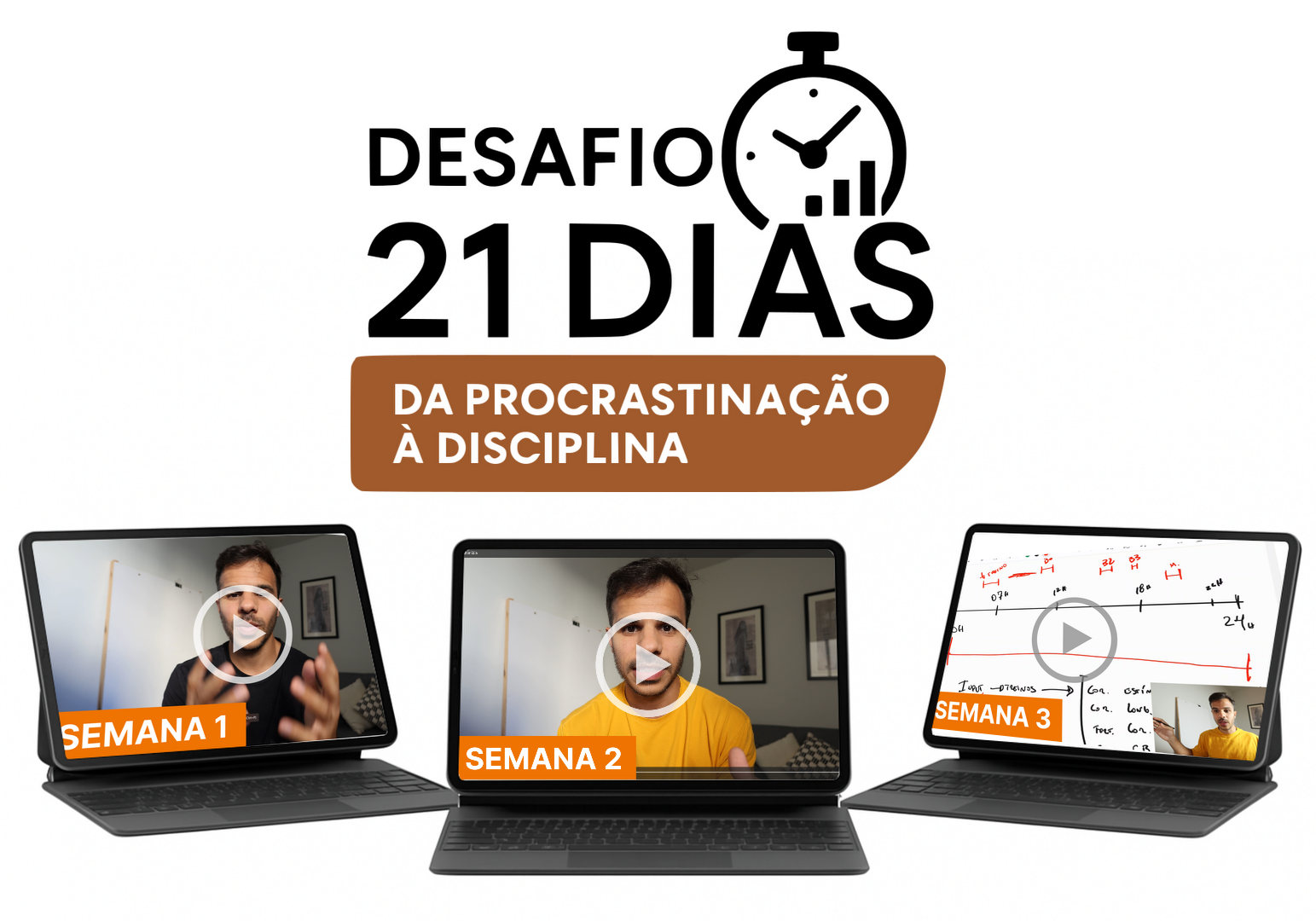 Mockup do portal do Desafio 21 Dias com as fases: Quebrando a Procrastinação, Criando Consistência e Consolidando a Disciplina